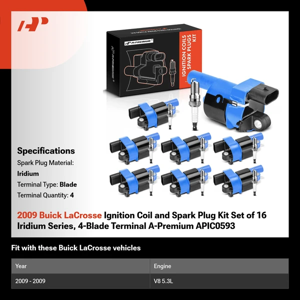 2009 Buick LaCrosse Ignition Coil and Spark Plug Kit Set of 16 Iridium Series, 4-Blade Terminal A-Premium APIC0593