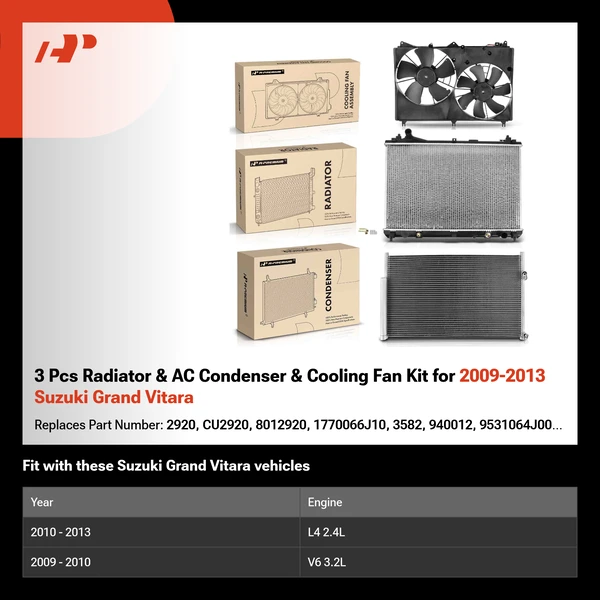 3 Pcs Radiator & AC Condenser & Cooling Fan Kit for 2009-2013 Suzuki Grand Vitara