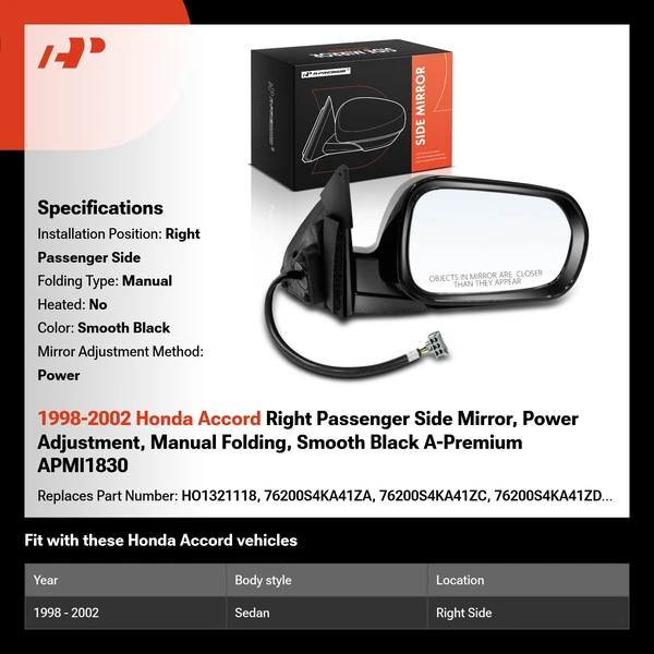 1998-2002 Honda Accord Right Passenger Side Mirror, Power Adjustment, Manual Folding, Smooth Black A-Premium APMI1830
