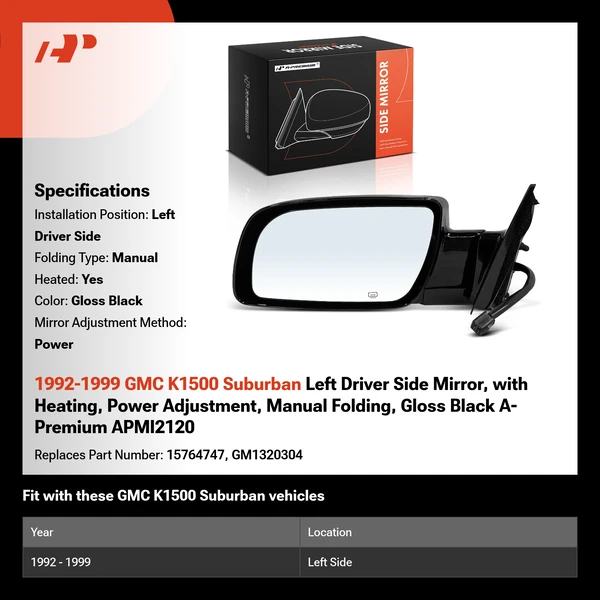 1992-1999 GMC K1500 Suburban Left Driver Side Mirror, with Heating, Power Adjustment, Manual Folding, Gloss Black A-Premium APMI2120
