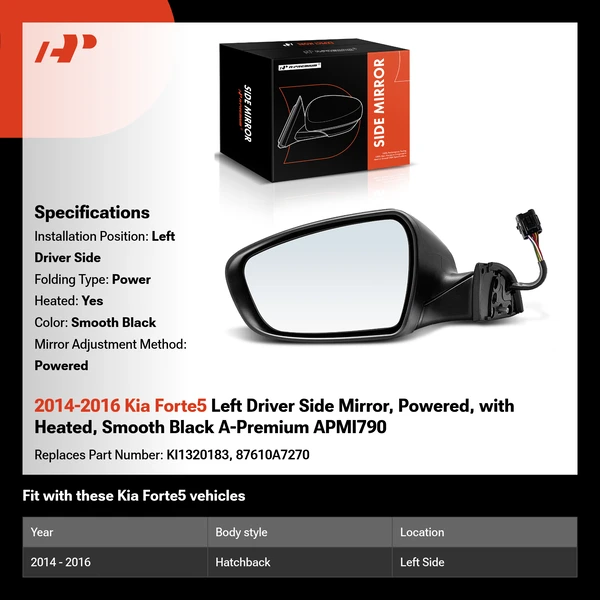 2014-2016 Kia Forte5 Left Driver Side Mirror, Powered, with Heated, Smooth Black A-Premium APMI790