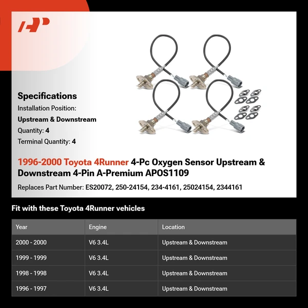 1996-2000 Toyota 4Runner 4-Pc Oxygen Sensor Upstream & Downstream 4-Pin A-Premium APOS1109