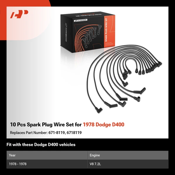10 Pcs Spark Plug Wire Set for 1978 Dodge D400