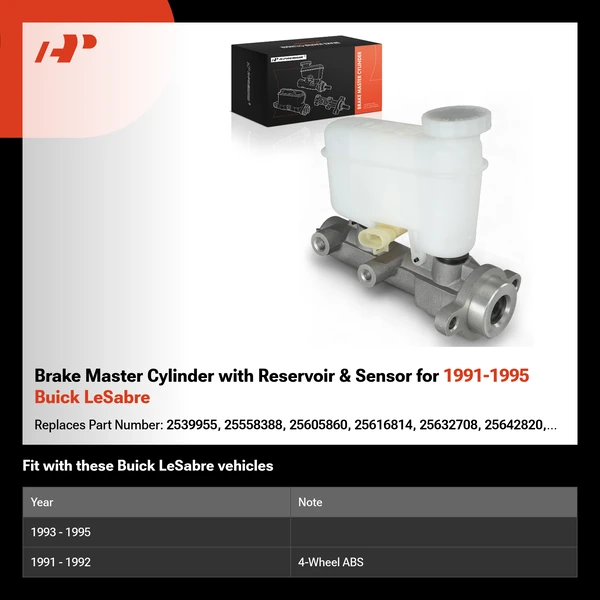 Brake Master Cylinder with Reservoir & Sensor for 1991-1995 Buick LeSabre