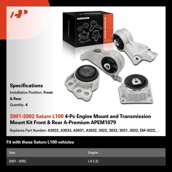 2001-2002 Saturn L100 4-Pc Engine Mount and Transmission Mount Kit Front & Rear A-Premium APEM1079