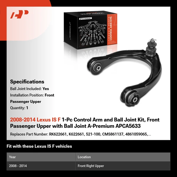 2008-2014 Lexus IS F 1-Pc Control Arm and Ball Joint Kit, Front Passenger Upper with Ball Joint A-Premium APCA5633