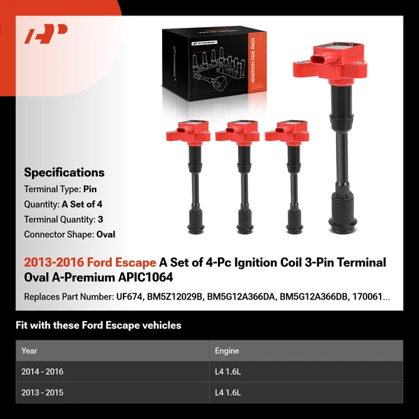2013-2016 Ford Escape A Set of 4-Pc Ignition Coil 3-Pin Terminal Oval A-Premium APIC1064
