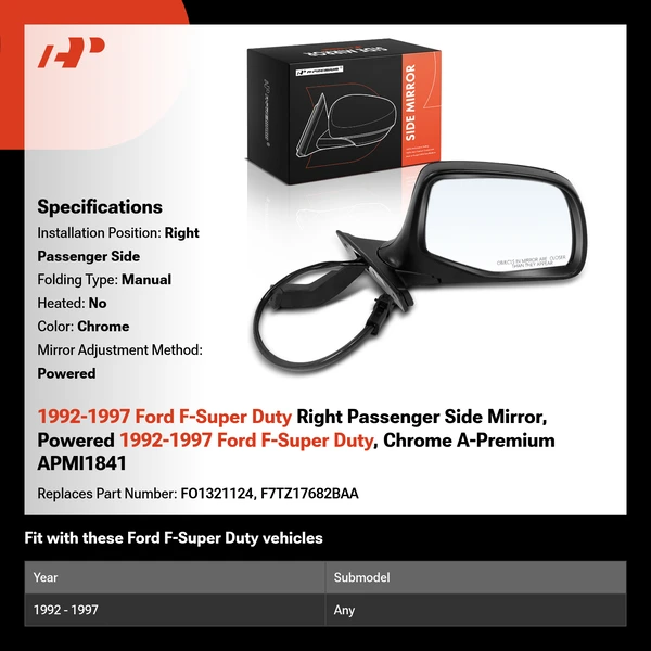 1992-1997 Ford F-Super Duty Right Passenger Side Mirror, Powered 1992-1997 Ford F-Super Duty, Chrome A-Premium APMI1841