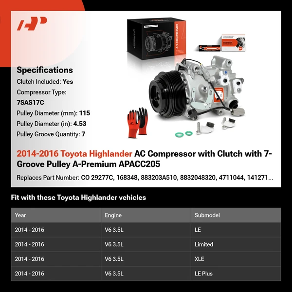 2014-2016 Toyota Highlander AC Compressor with Clutch with 7-Groove Pulley A-Premium APACC205