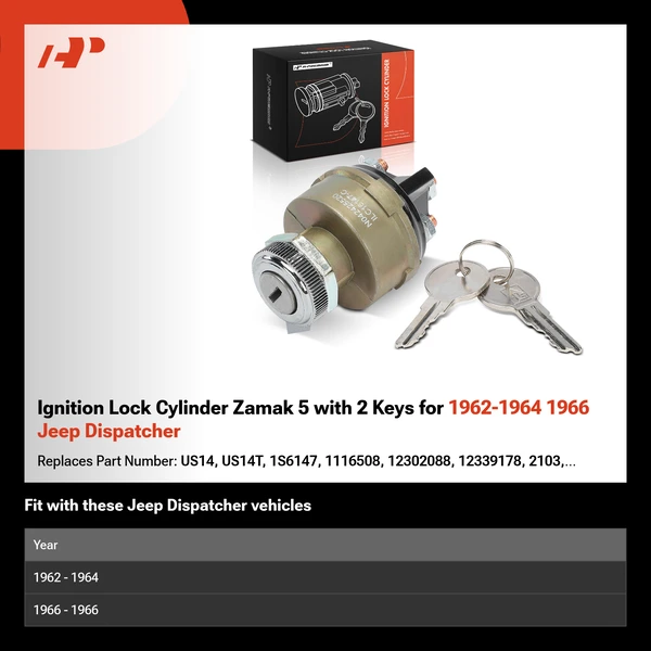 Ignition Lock Cylinder Zamak 5 with 2 Keys for 1962-1964 1966 Jeep Dispatcher
