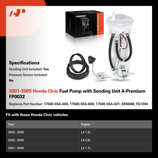 2001-2005 Honda Civic Fuel Pump with Sending Unit A-Premium FP0032