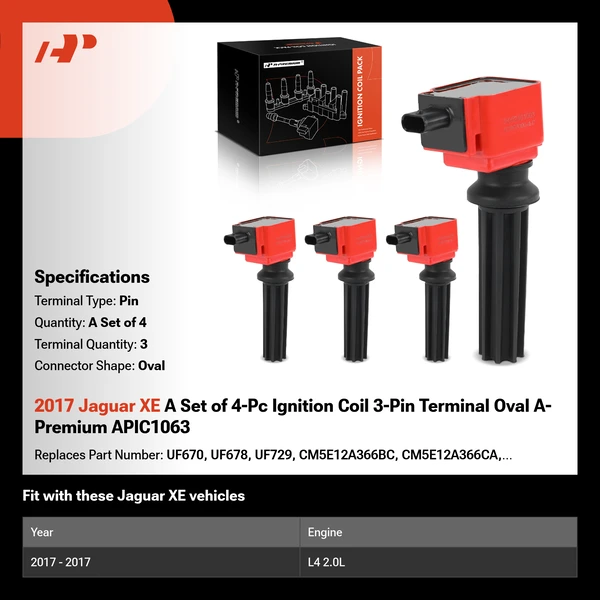 2017 Jaguar XE A Set of 4-Pc Ignition Coil 3-Pin Terminal Oval A-Premium APIC1063