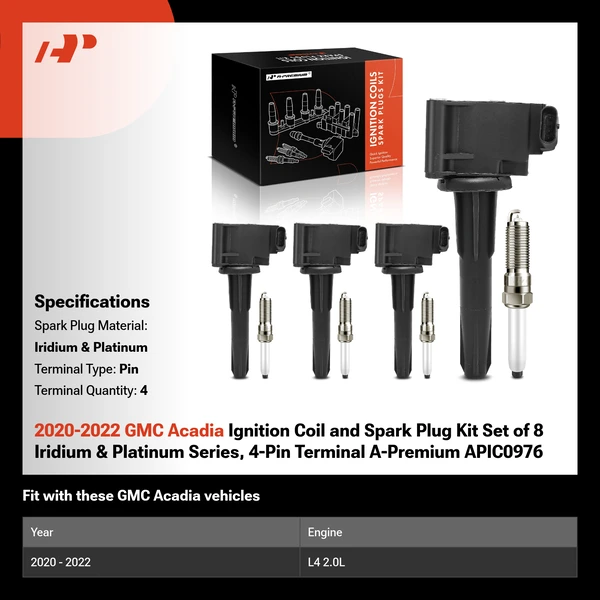 2020-2022 GMC Acadia Ignition Coil and Spark Plug Kit Set of 8 Iridium & Platinum Series, 4-Pin Terminal A-Premium APIC0976