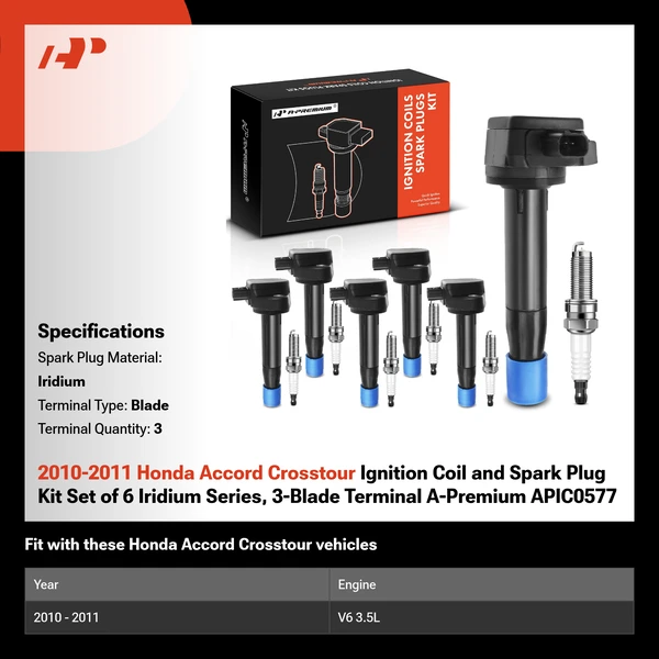 2010-2011 Honda Accord Crosstour Ignition Coil and Spark Plug Kit Set of 6 Iridium Series, 3-Blade Terminal A-Premium APIC0577