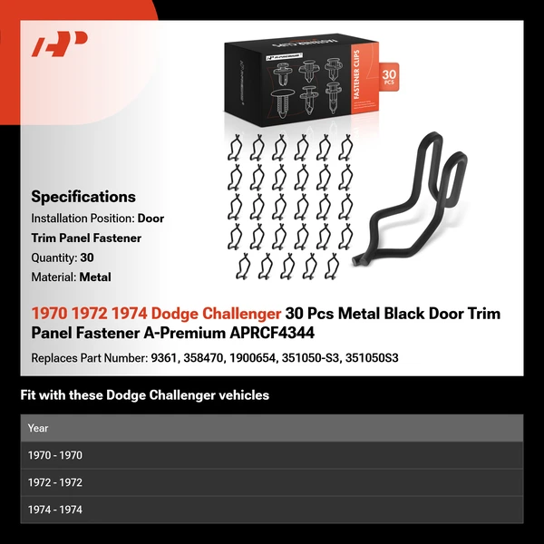 1970 1972 1974 Dodge Challenger 30 Pcs Metal Black Door Trim Panel Fastener A-Premium APRCF4344