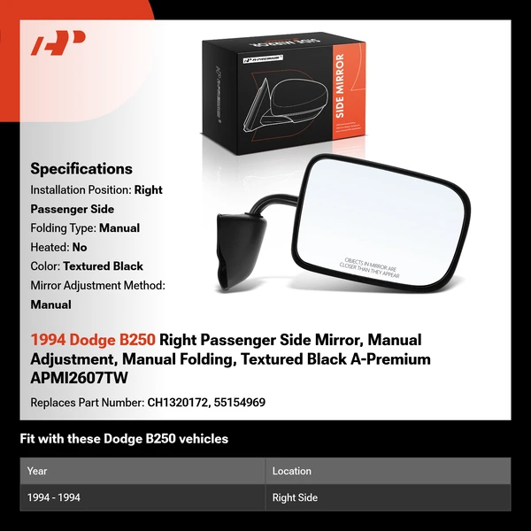 1994 Dodge B250 Right Passenger Side Mirror, Manual Adjustment, Manual Folding, Textured Black A-Premium APMI2607TW