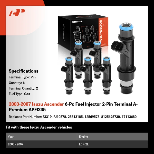2003-2007 Isuzu Ascender 6-Pc Fuel Injector 2-Pin Terminal A-Premium APFI235