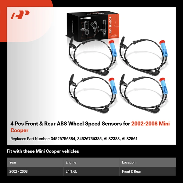4 Pcs Front & Rear ABS Wheel Speed Sensors for 2002-2008 Mini Cooper