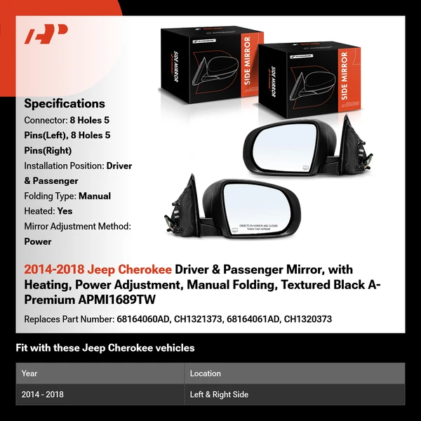 2014-2018 Jeep Cherokee Driver & Passenger Mirror, with Heating, Power Adjustment, Manual Folding, Textured Black A-Premium APMI1689TW
