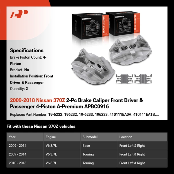 2009-2018 Nissan 370Z 2-Pc Brake Caliper Front Driver & Passenger 4-Piston A-Premium APBC0916