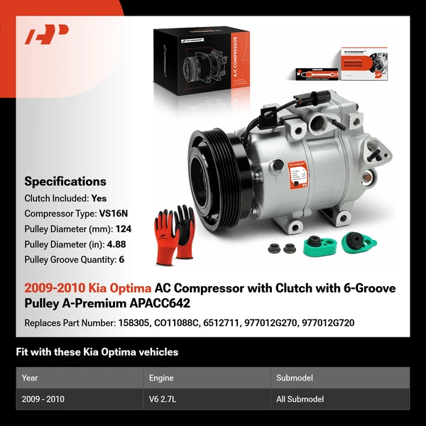 2009-2010 Kia Optima AC Compressor with Clutch with 6-Groove Pulley A-Premium APACC642