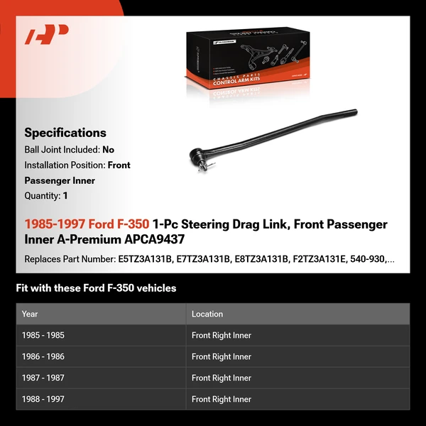 1985-1997 Ford F-350 1-Pc Steering Drag Link, Front Passenger Inner A-Premium APCA9437