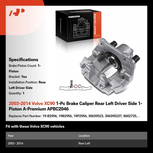 2003-2014 Volvo XC90 1-Pc Brake Caliper Rear Left Driver Side 1-Piston A-Premium APBC2046