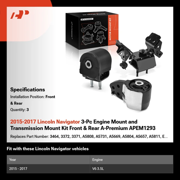 2015-2017 Lincoln Navigator 3-Pc Engine Mount and Transmission Mount Kit Front & Rear A-Premium APEM1293