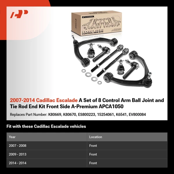 2007-2014 Cadillac Escalade A Set of 8 Control Arm Ball Joint and Tie Rod End Kit Front Side A-Premium APCA1050