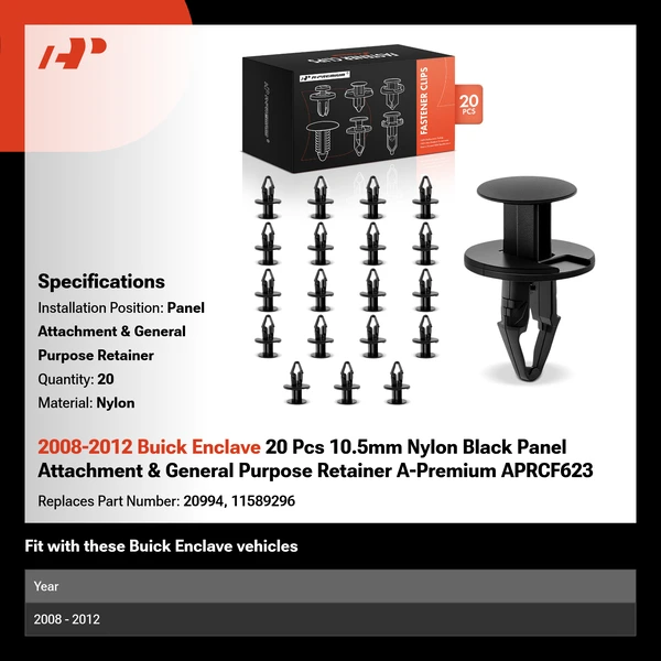2008-2012 Buick Enclave 20 Pcs 10.5mm Nylon Black Panel Attachment & General Purpose Retainer A-Premium APRCF623