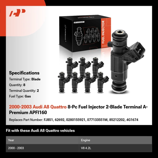2000-2003 Audi A8 Quattro 8-Pc Fuel Injector 2-Blade Terminal A-Premium APFI160