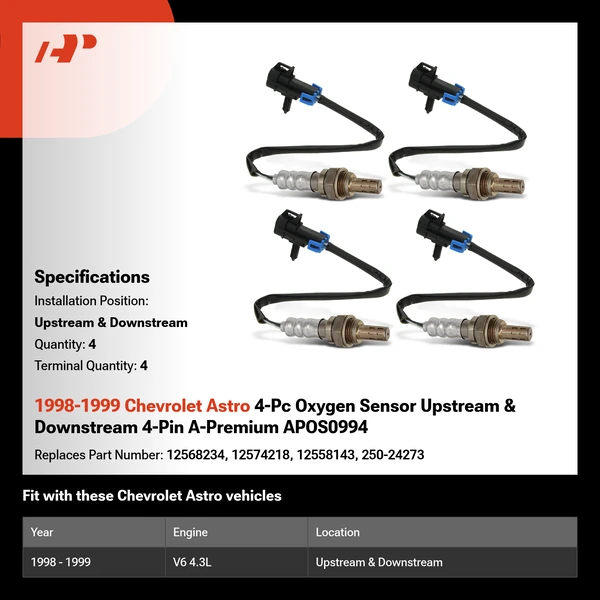 1998-1999 Chevrolet Astro 4-Pc Oxygen Sensor Upstream & Downstream 4-Pin A-Premium APOS0994