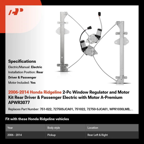 2006-2014 Honda Ridgeline 2-Pc Window Regulator and Motor Kit Rear Driver & Passenger Electric with Motor A-Premium APWR3077
