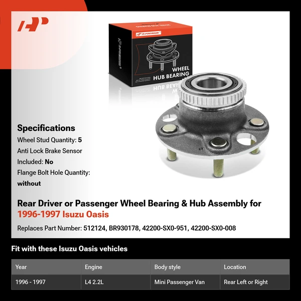 Rear Driver or Passenger Wheel Bearing & Hub Assembly for 1996-1997 Isuzu Oasis