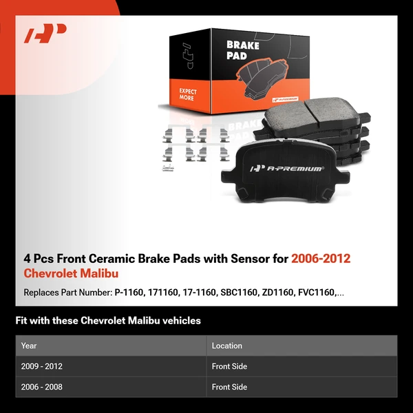 4 Pcs Front Ceramic Brake Pads with Sensor for 2006-2012 Chevrolet Malibu