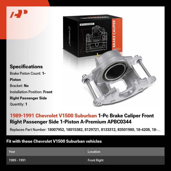 1989-1991 Chevrolet V1500 Suburban 1-Pc Brake Caliper Front Right Passenger Side 1-Piston A-Premium APBC0344