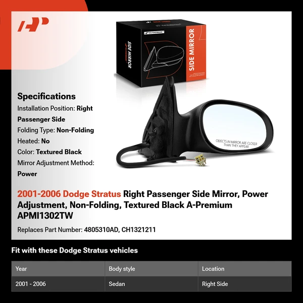 2001-2006 Dodge Stratus Right Passenger Side Mirror, Power Adjustment, Non-Folding, Textured Black A-Premium APMI1302TW