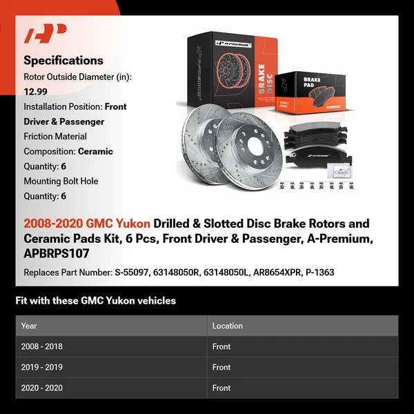 2008-2020 GMC Yukon Drilled & Slotted Disc Brake Rotors and Ceramic Pads Kit, 6 Pcs, Front Driver & Passenger, A-Premium, APBRPS107