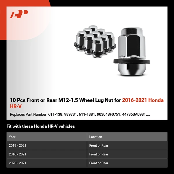 10 Pcs Front or Rear M12-1.5 Wheel Lug Nut for 2016-2021 Honda HR-V