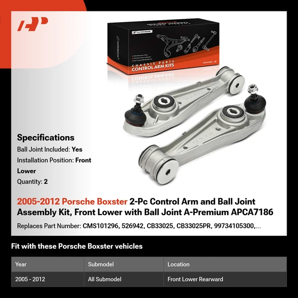2005-2012 Porsche Boxster 2-Pc Control Arm and Ball Joint Assembly Kit, Front Lower with Ball Joint A-Premium APCA7186