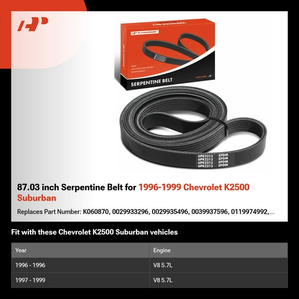 87.03 inch Serpentine Belt for 1996-1999 Chevrolet K2500 Suburban