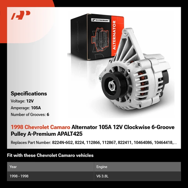 1998 Chevrolet Camaro Alternator 105A 12V Clockwise 6-Groove Pulley A-Premium APALT425