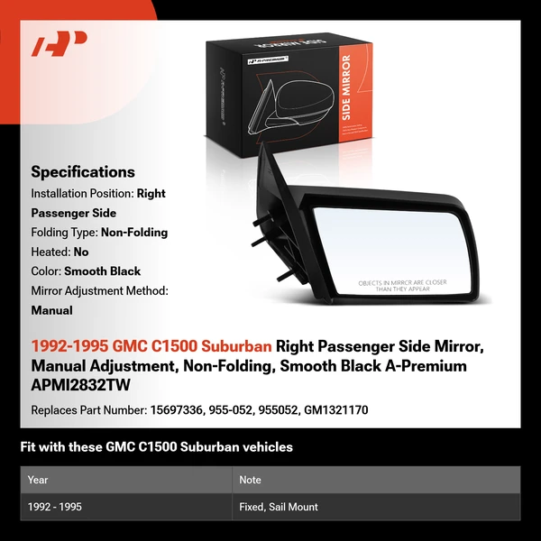 1992-1995 GMC C1500 Suburban Right Passenger Side Mirror, Manual Adjustment, Non-Folding, Smooth Black A-Premium APMI2832TW