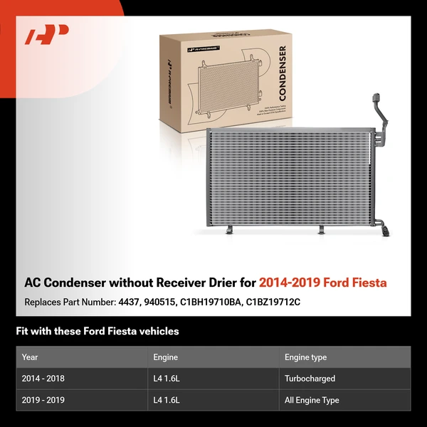 AC Condenser without Receiver Drier for 2014-2019 Ford Fiesta