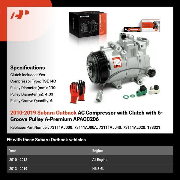 2010-2019 Subaru Outback AC Compressor with Clutch with 6-Groove Pulley A-Premium APACC206