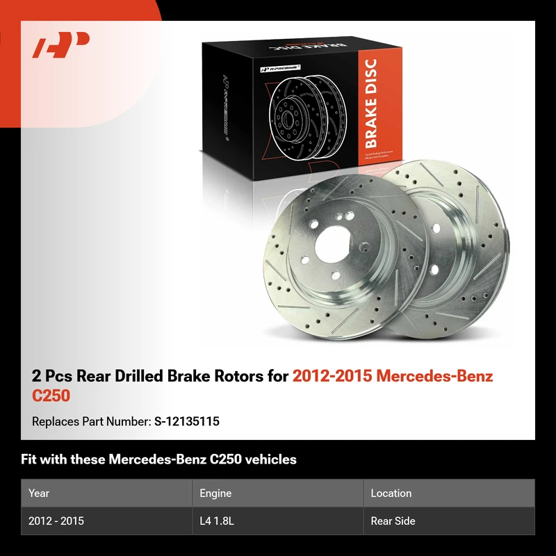 2 Pcs Rear Drilled Brake Rotors for 2012-2015 Mercedes-Benz C250