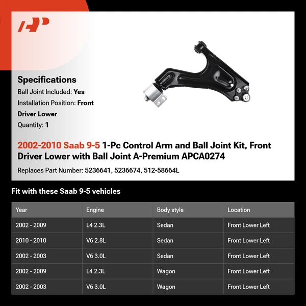 2002-2010 Saab 9-5 1-Pc Control Arm and Ball Joint Kit, Front Driver Lower with Ball Joint A-Premium APCA0274