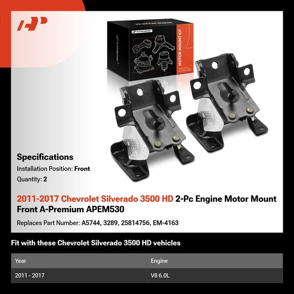 2011-2017 Chevrolet Silverado 3500 HD 2-Pc Engine Motor Mount Front A-Premium APEM530