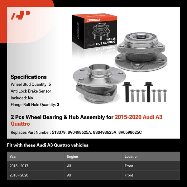 2 Pcs Wheel Bearing & Hub Assembly for 2015-2020 Audi A3 Quattro