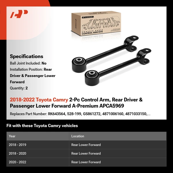 2018-2022 Toyota Camry 2-Pc Control Arm, Rear Driver & Passenger Lower Forward A-Premium APCA5969